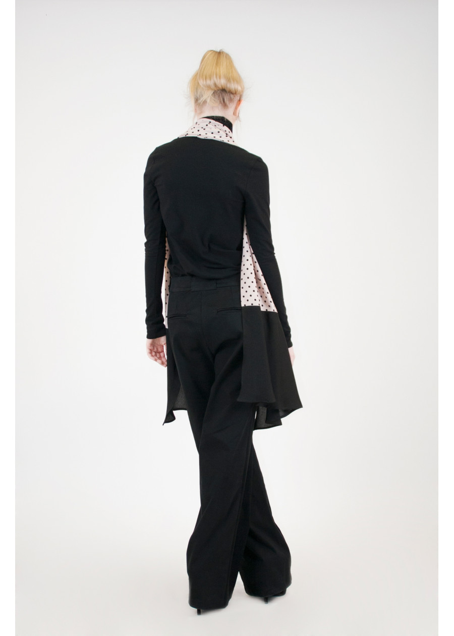 Etole en soie et bambou nude imprimé à pois noir et volants au bout du foulard - Mode alternative éco-responsable made in France