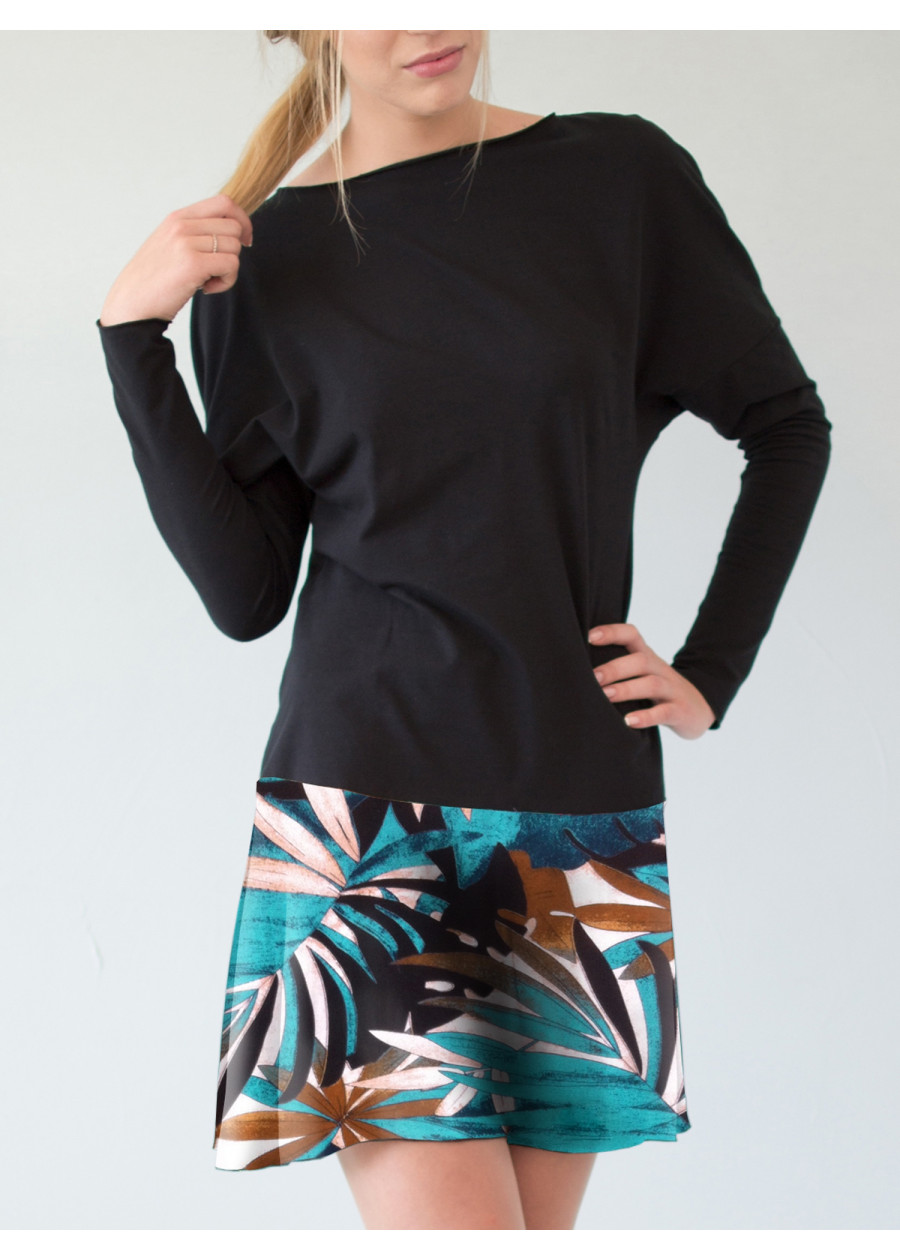 Robe dos nu en coton bio et bambou imprimé feuille noir bleu vert. Mode éthique femme éco-responsable vegan fabriqué en France