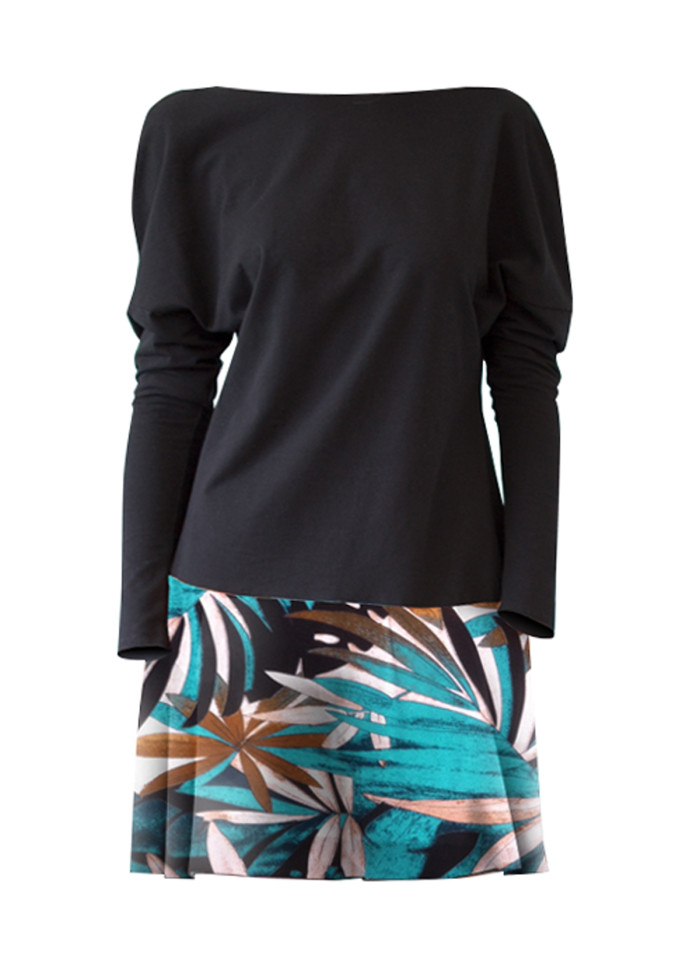 Robe dos nu en coton bio et bambou imprimé feuille noir bleu vert. Mode éthique femme éco-responsable vegan fabriqué en France