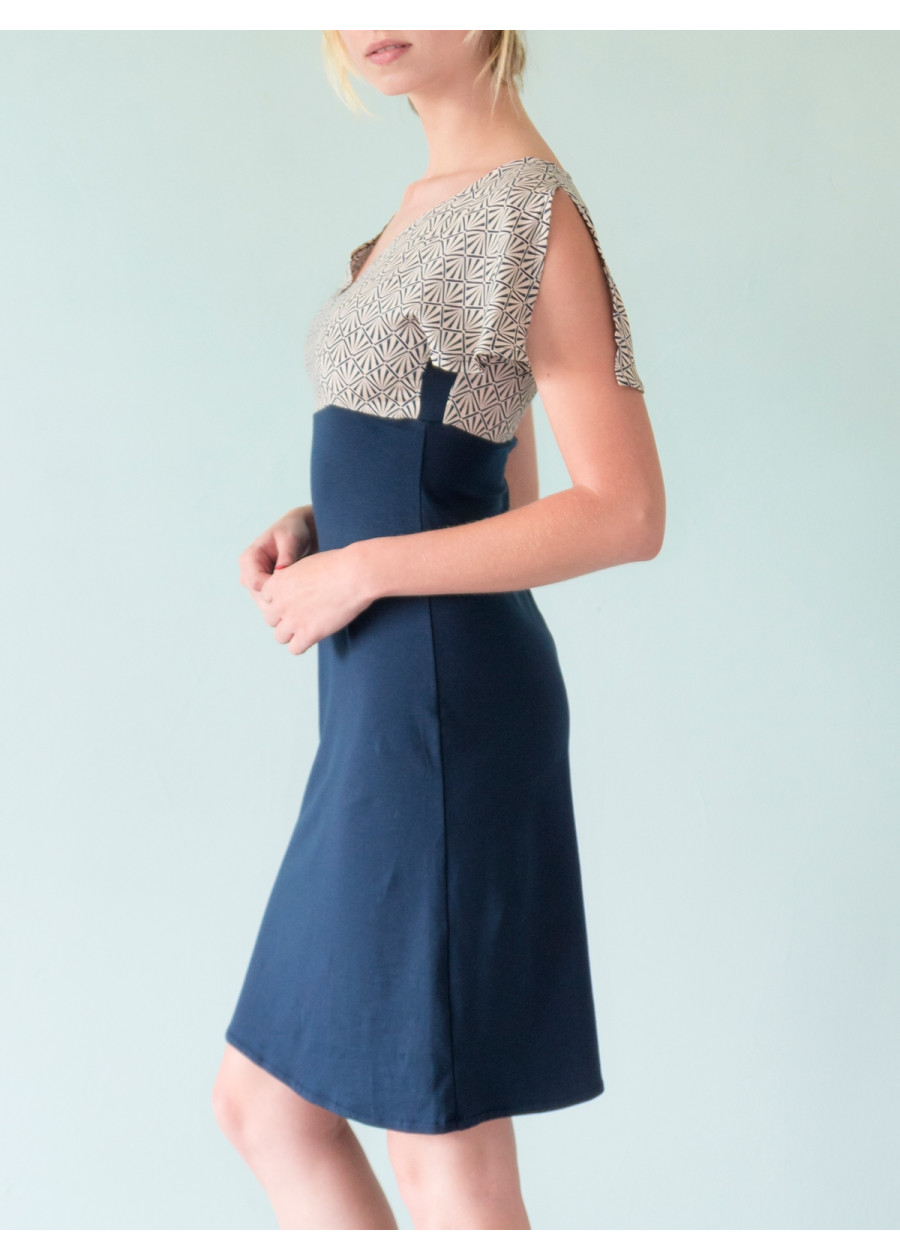 Robe bio manches fentes imprimé bleu marine en bambou coton vegan Made in France