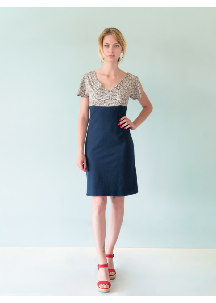 Robe bio manches fentes imprimé bleu marine en bambou coton vegan Made in France