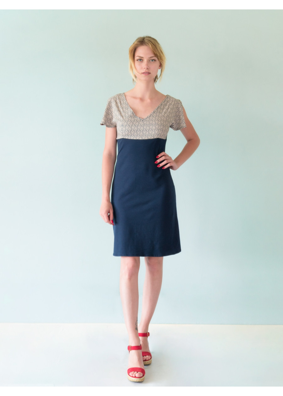 Robe bio manches fentes imprimé bleu marine en bambou coton vegan Made in France