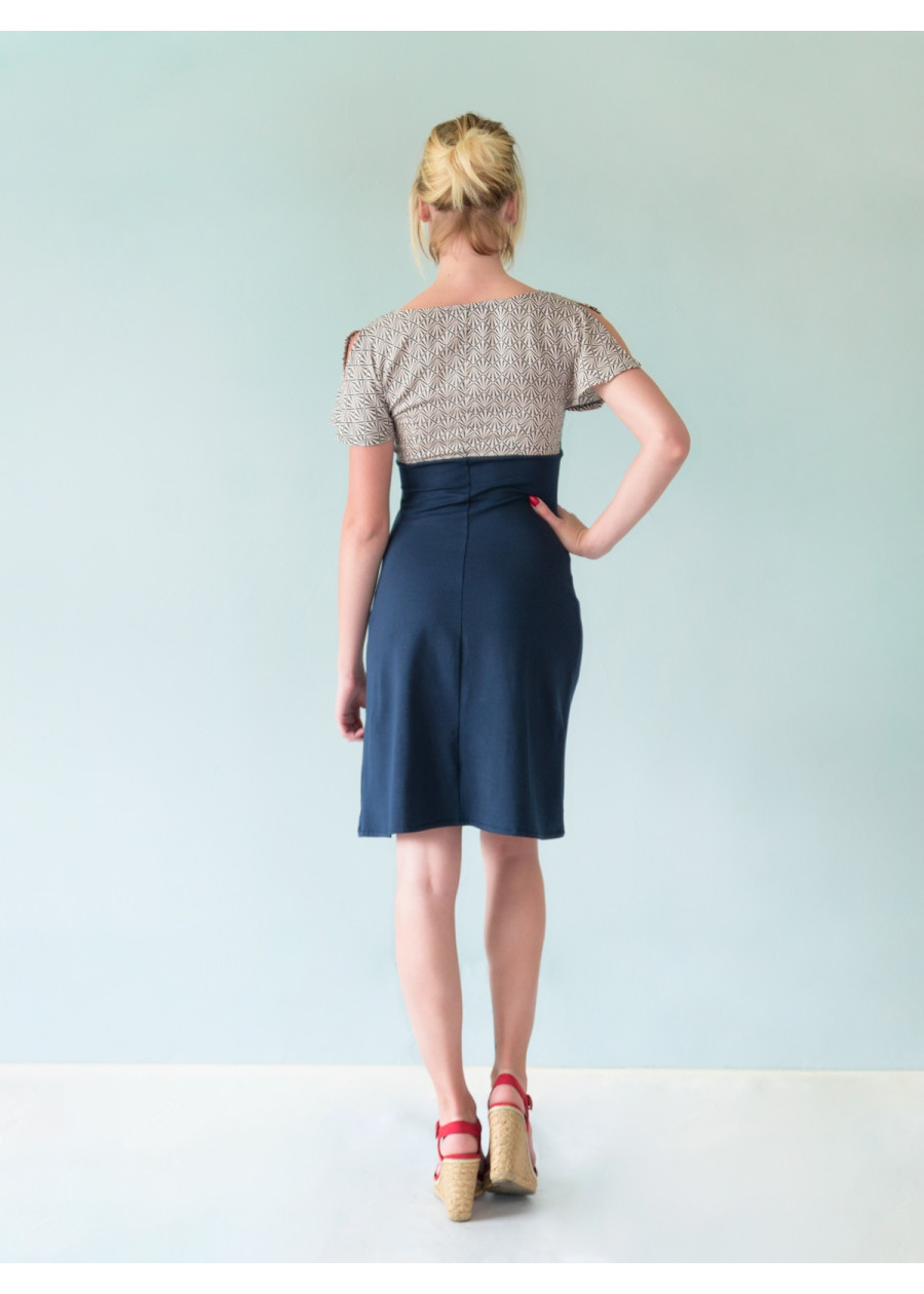 Robe bio manches fentes imprimé bleu marine en bambou coton vegan Made in France