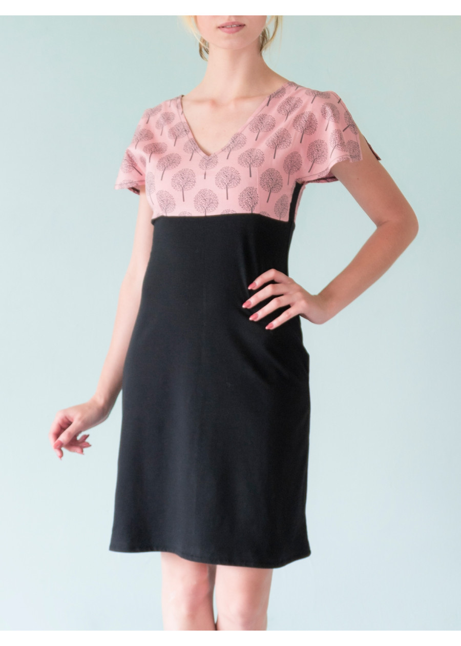 Robe bio manches fentes imprimé rose noire en bambou coton vegan Made in France