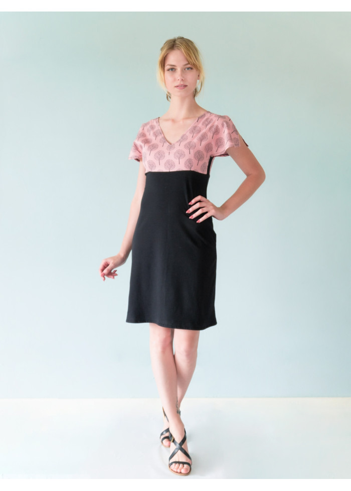 Robe bio manches fentes imprimé rose noire en bambou coton vegan Made in France