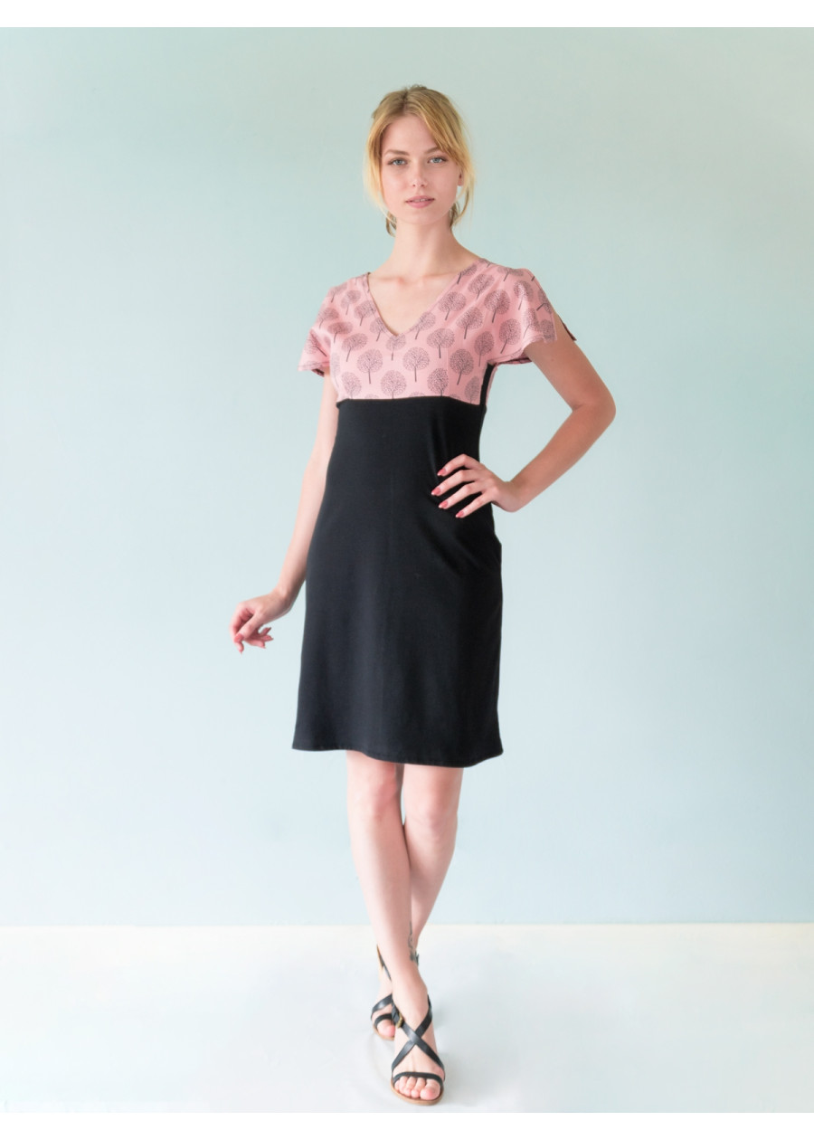 Robe bio manches fentes imprimé rose noire en bambou coton vegan Made in France