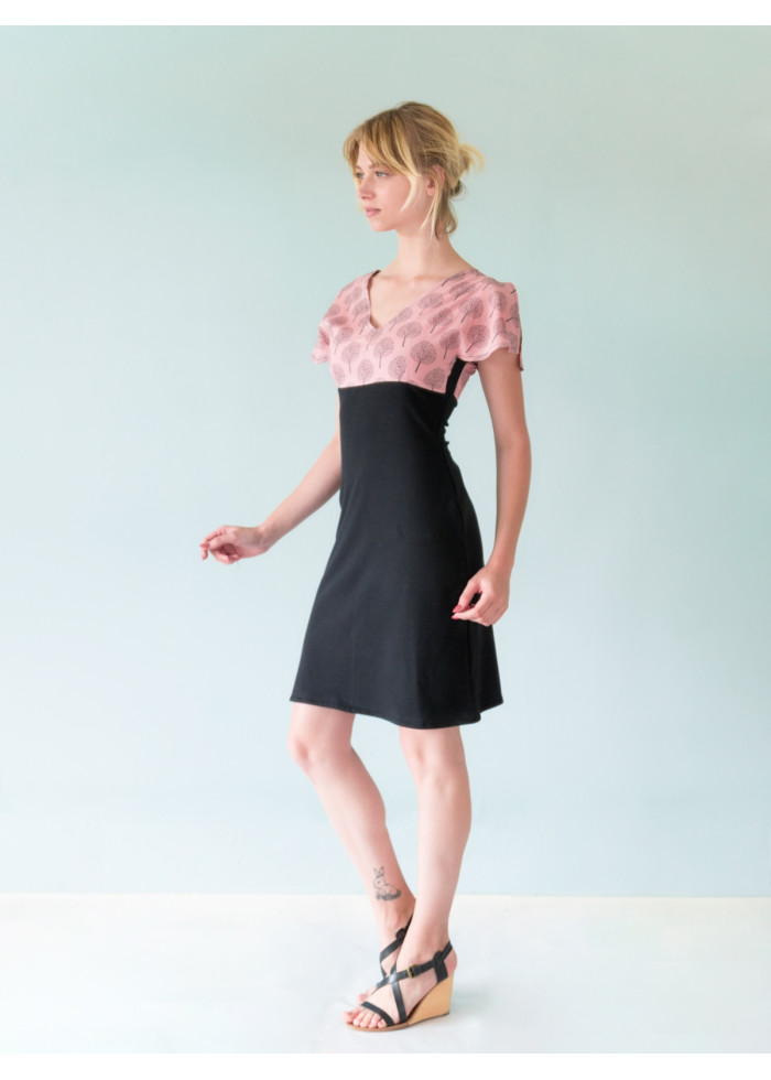 Robe bio manches fentes imprimé rose noire en bambou coton vegan Made in France
