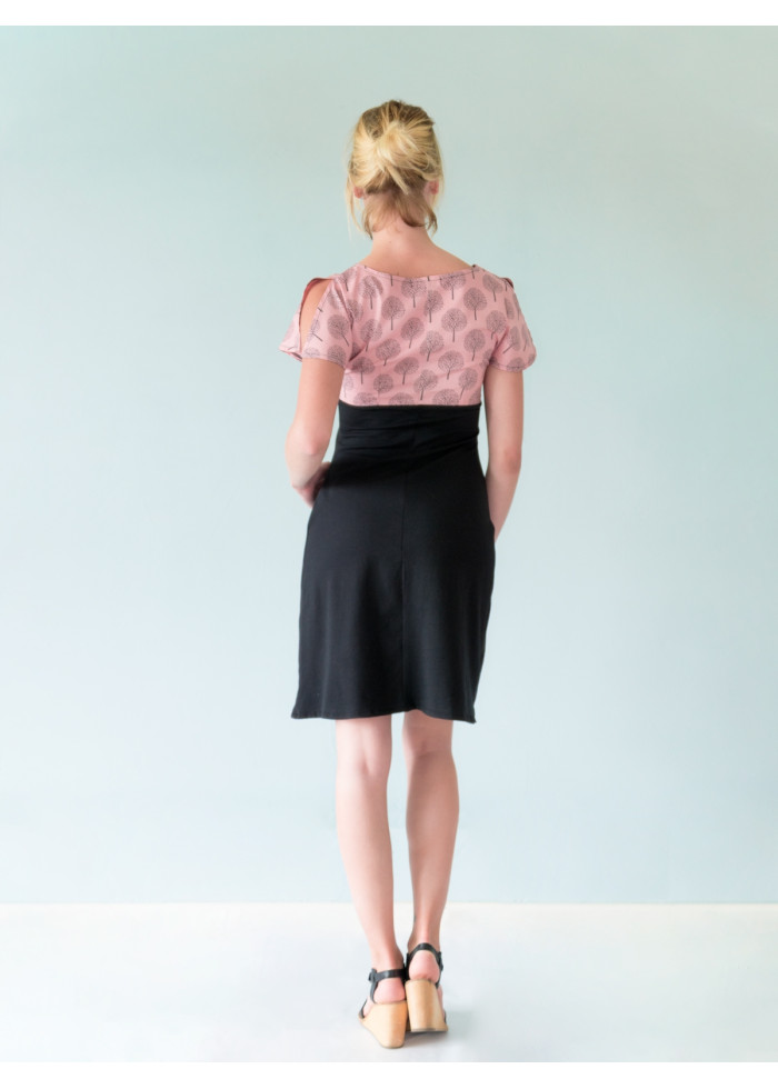 Robe bio manches fentes imprimé rose noire en bambou coton vegan Made in France