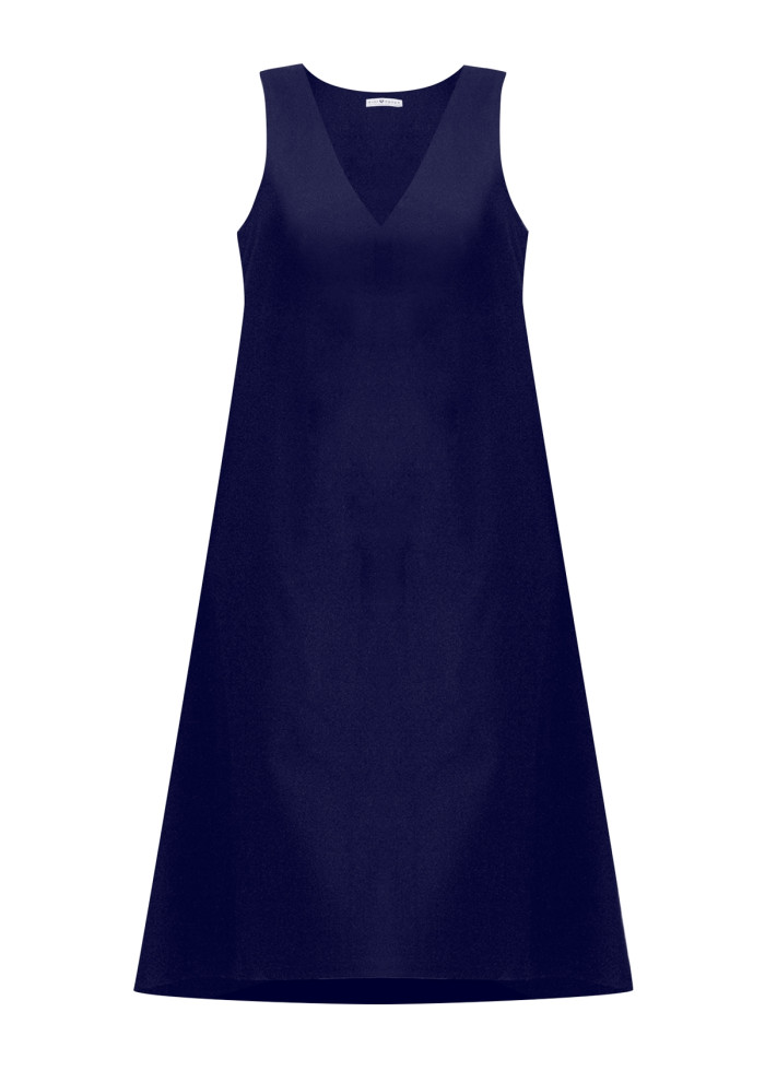 Robe bleue marine sans manches en coton bio Robe dos nu en V Coupe chasuble mi-longue. Mode éco-responsable vegan made in France