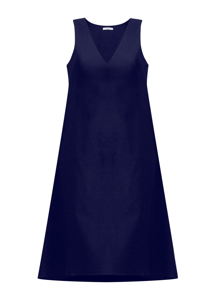 Robe bleue marine sans manches en coton bio Robe dos nu en V Coupe chasuble mi-longue. Mode éco-responsable vegan made in France