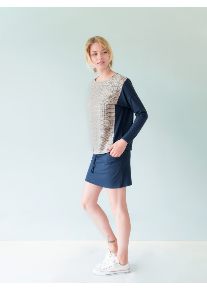Top ample bleu marine manches longues imprimé bio éco-conçu vegan made in France
