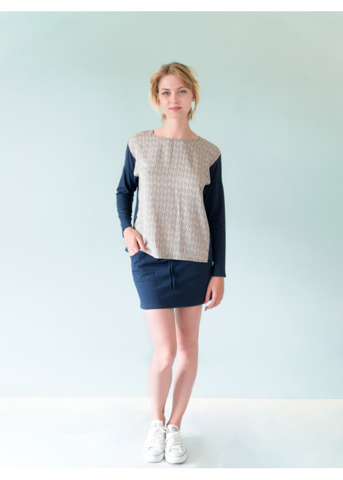 Top ample bleu marine manches longues imprimé bio éco-conçu vegan made in France