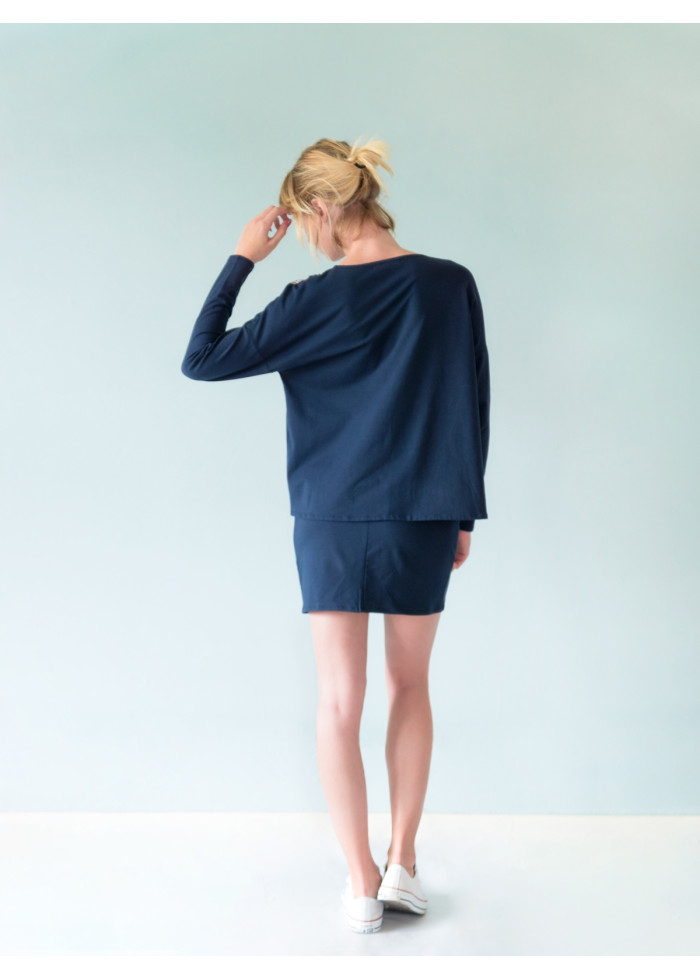 Top ample bleu marine manches longues imprimé bio éco-conçu vegan made in France