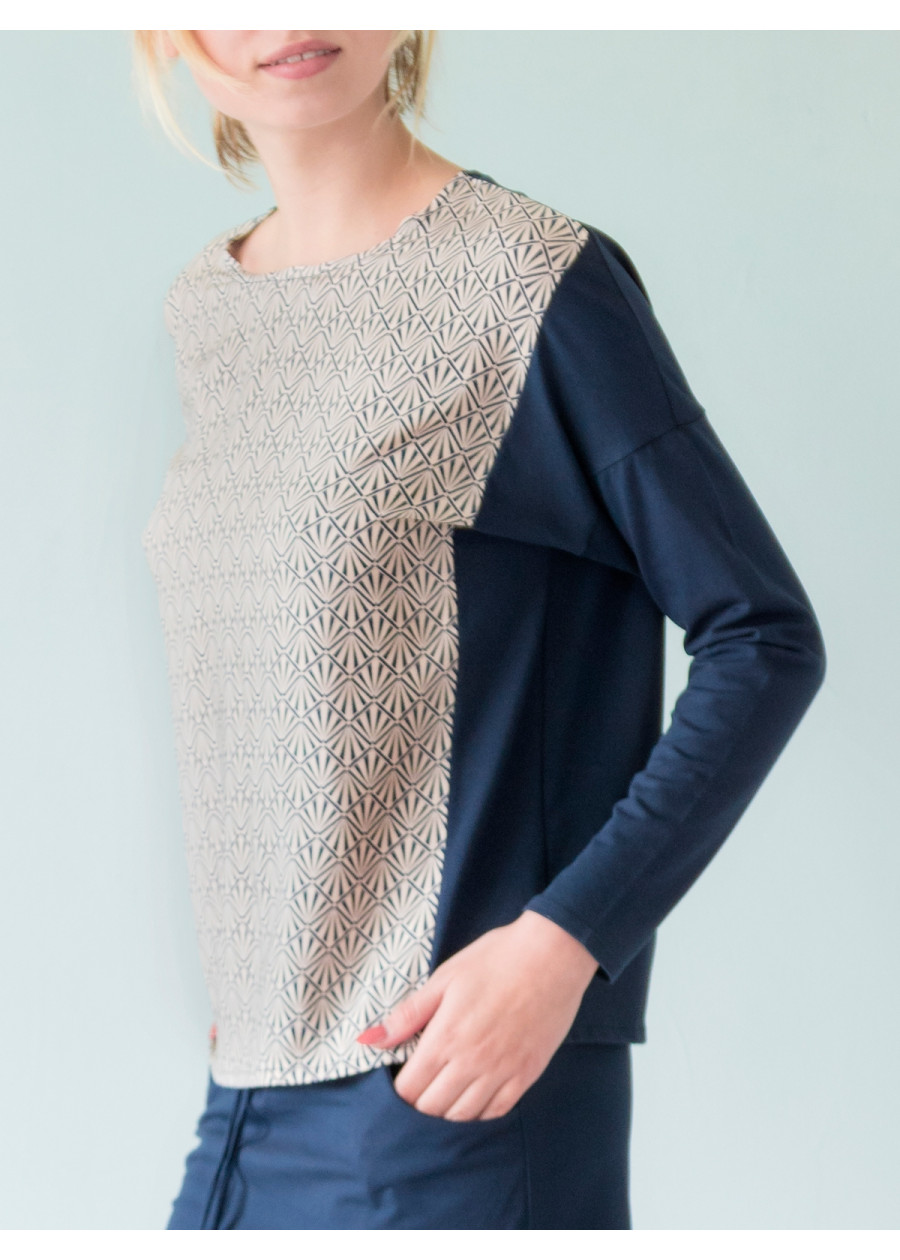 Top ample bleu marine manches longues imprimé bio éco-conçu vegan made in France