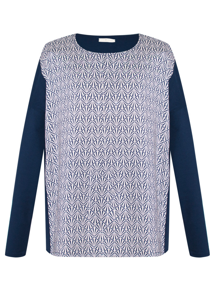 Top ample bleu marine manches longues imprimé bio éco-conçu vegan made in France