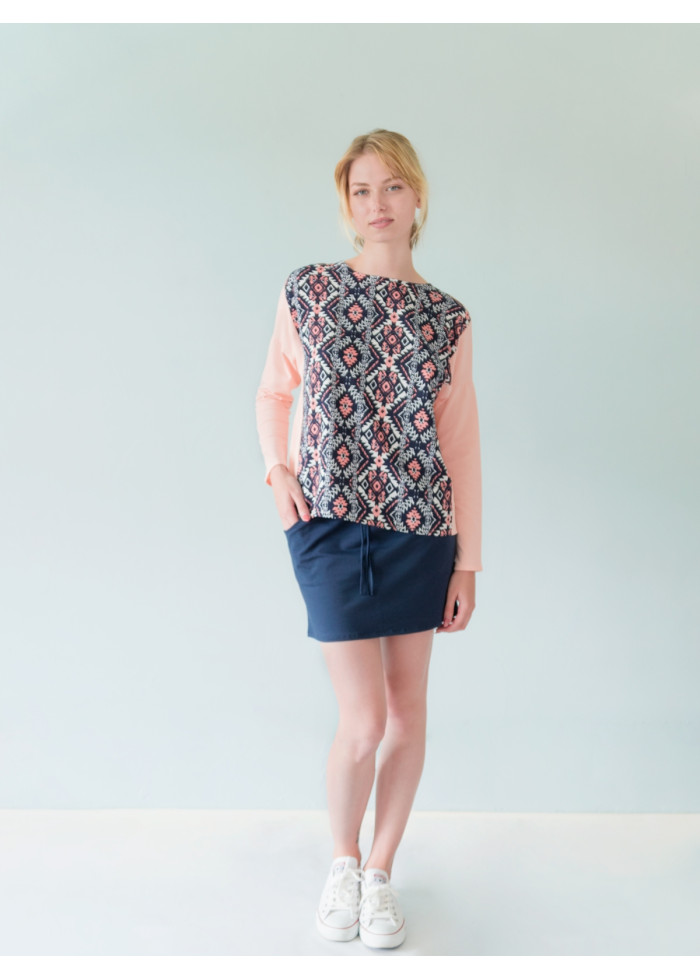 Top ample bleu rose manches longues imprimé bio éco-conçu vegan made in France