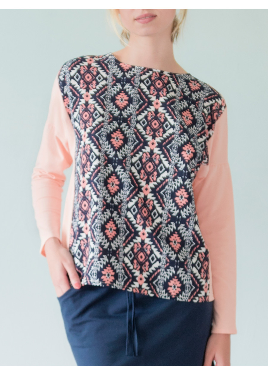 Top ample bleu rose manches longues imprimé bio éco-conçu vegan made in France