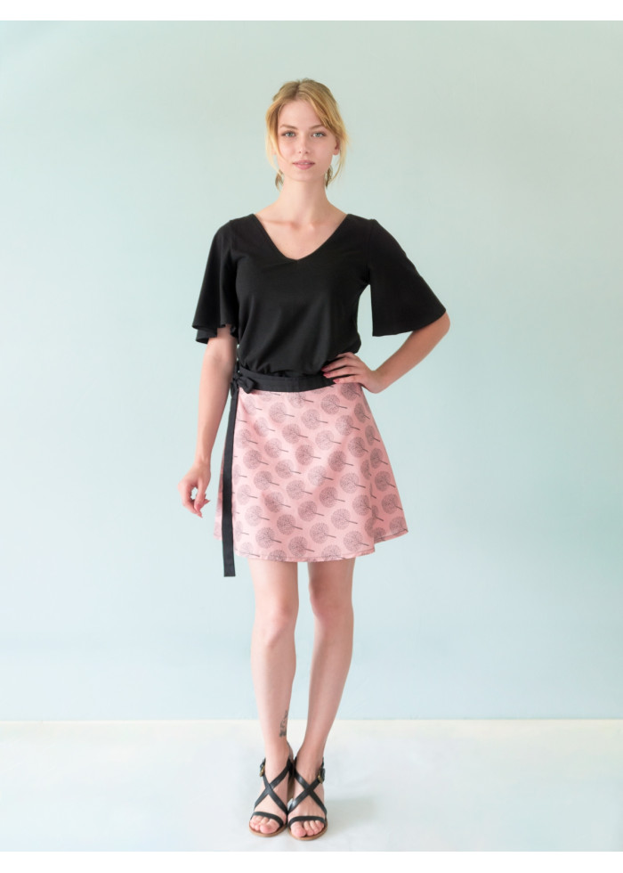 jupe portefeuille rose noir imprimé poésie bio éco-conçu vegan made in France