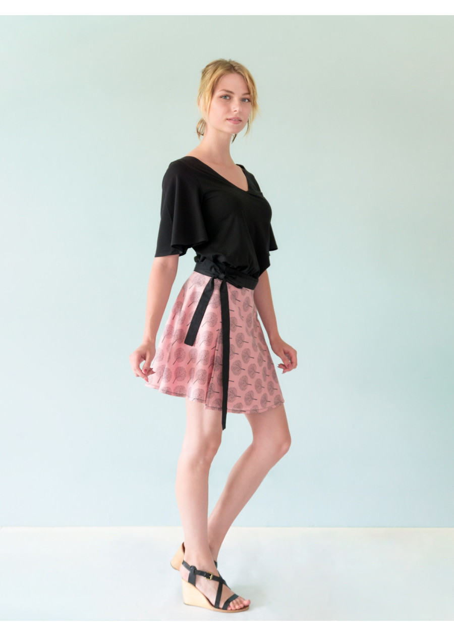 jupe portefeuille rose noir imprimé poésie bio éco-conçu vegan made in France